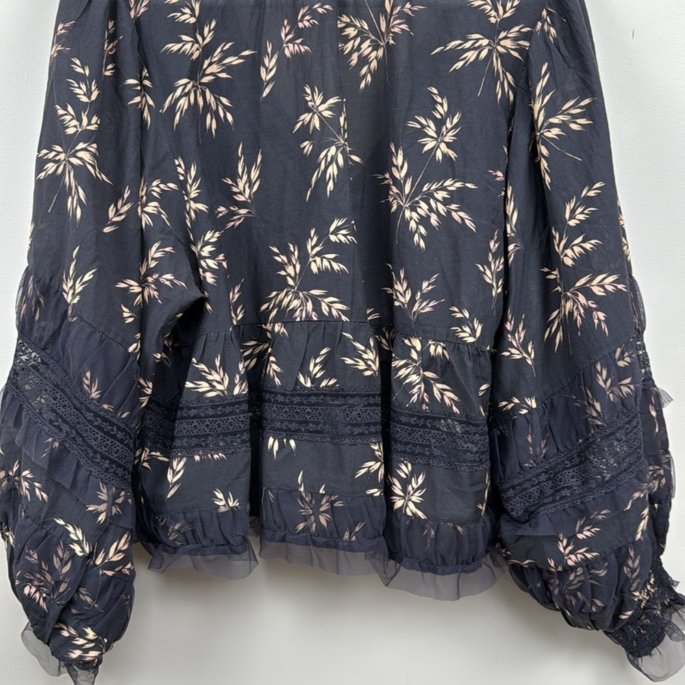 🎀By Anthropologie Ruffled V-Neck Popover embroidered  wheat print  Blouse medium - Picture 13 of 13